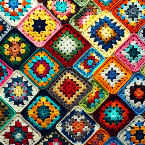 various brightly coloured crocheted granny squares